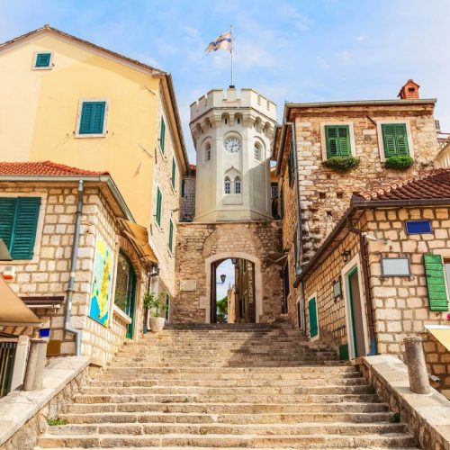 The clock-tower and the gate to the Old town of Herceg Novi, Montenegro.