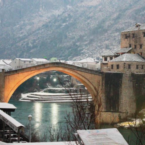 Mostar bridge in Bosnia and Herzegovina in winter. The Neretva river. Old bridge