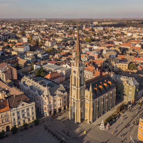 Aerial view of Novi Sad catholic cathedral