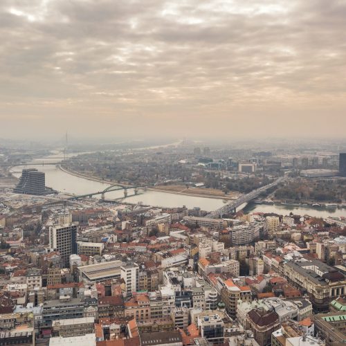 Cityscape of Belgrade at cloudy day. Aerial view