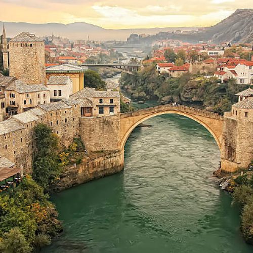 Town of Mostar and Stari Most at sunset, Bosnia and Hercegovina