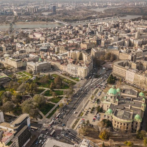 Serbia, Belgrade. November 2018 - City center of Belgrade. Aerial view